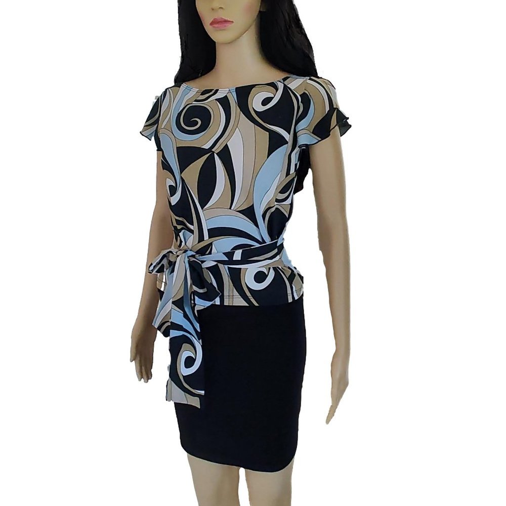 Abstract Multicolor Ruffle Belted Top M - Picture 9 of 12